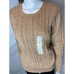 St Johns Bay Tan Cotton Blend Crew Neck Cable Knit‎ Sweater Size PXL